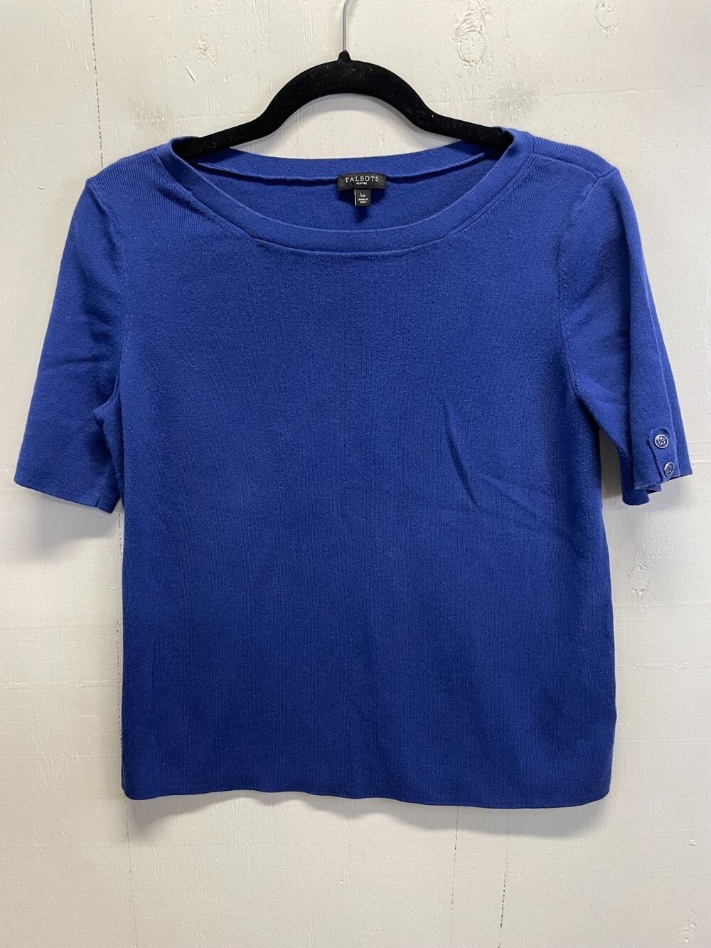 Talbots Women's Boat Neck Knit Sweater Short Sleeves Size LP Large Petite Blue